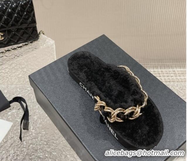 Sophisticated Chanel Furry Thong Flat Slide Sandals with Chain Black 619172