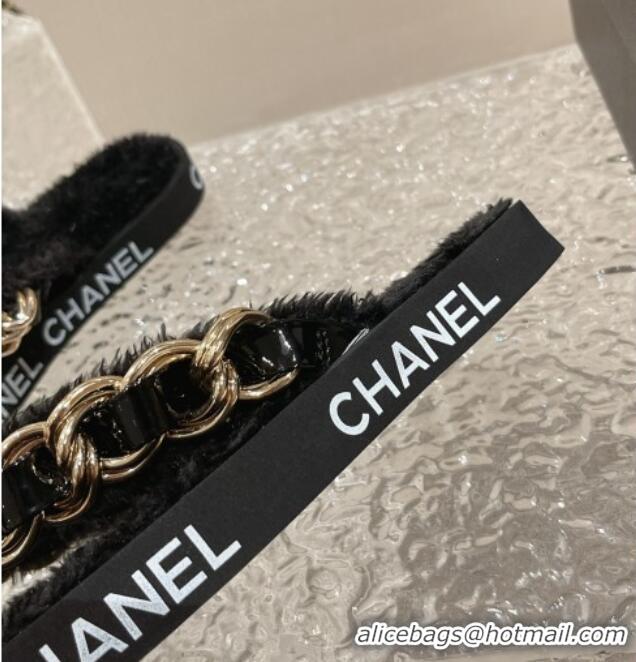 Sophisticated Chanel Furry Thong Flat Slide Sandals with Chain Black 619172