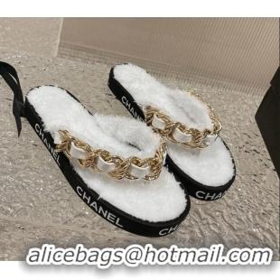 Perfect Chanel Furry Thong Flat Slide Sandals with Chain White 619173