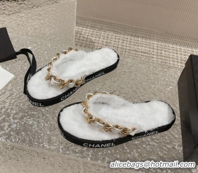 Perfect Chanel Furry Thong Flat Slide Sandals with Chain White 619173