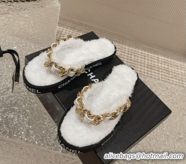 Perfect Chanel Furry Thong Flat Slide Sandals with Chain White 619173