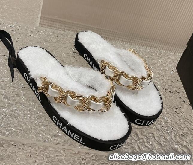 Perfect Chanel Furry Thong Flat Slide Sandals with Chain White 619173