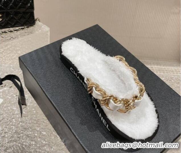 Perfect Chanel Furry Thong Flat Slide Sandals with Chain White 619173