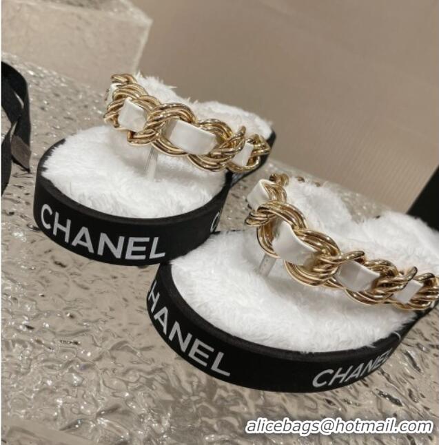 Perfect Chanel Furry Thong Flat Slide Sandals with Chain White 619173