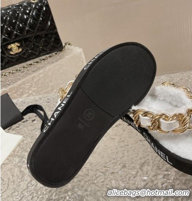 Perfect Chanel Furry Thong Flat Slide Sandals with Chain White 619173