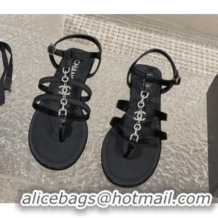 Good Quality Chanel Satin Flat Sandals G40128 Black