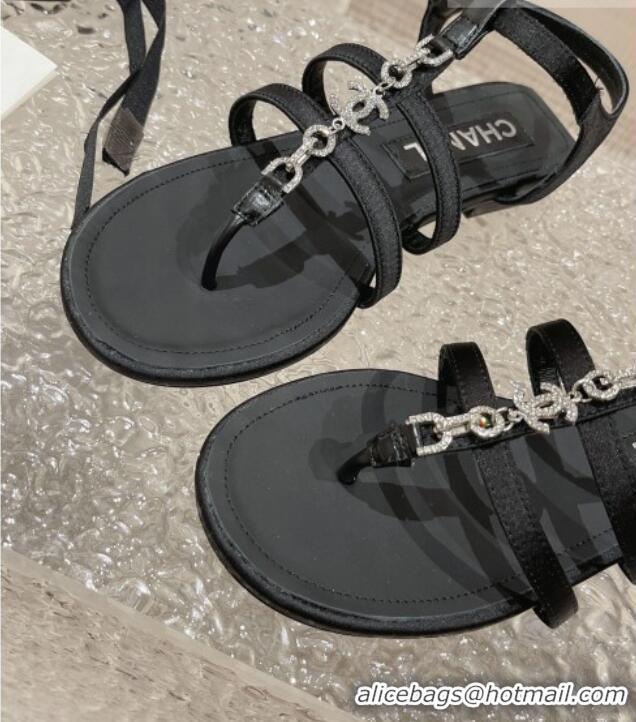 Good Quality Chanel Satin Flat Sandals G40128 Black