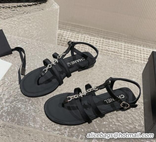 Good Quality Chanel Satin Flat Sandals G40128 Black