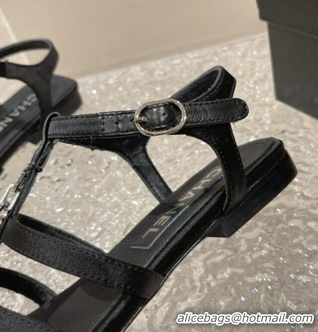 Good Quality Chanel Satin Flat Sandals G40128 Black