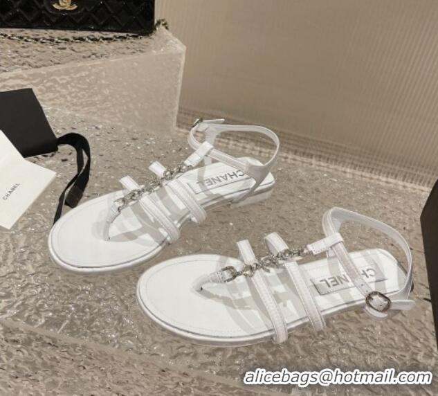 Unique Style Chanel Satin Flat Sandals G40128 White