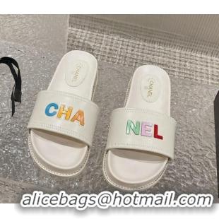 Luxury Chanel Leather Flat Slide Sandals with CHANEL Letters White 619182