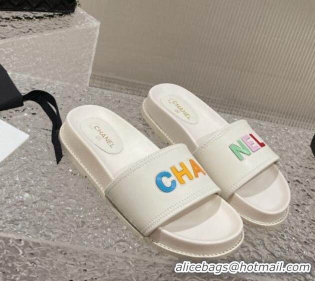 Luxury Chanel Leather Flat Slide Sandals with CHANEL Letters White 619182