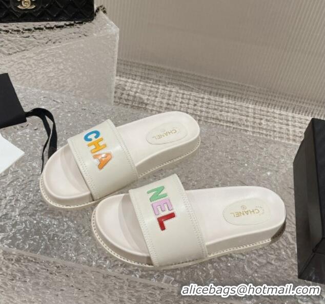 Luxury Chanel Leather Flat Slide Sandals with CHANEL Letters White 619182