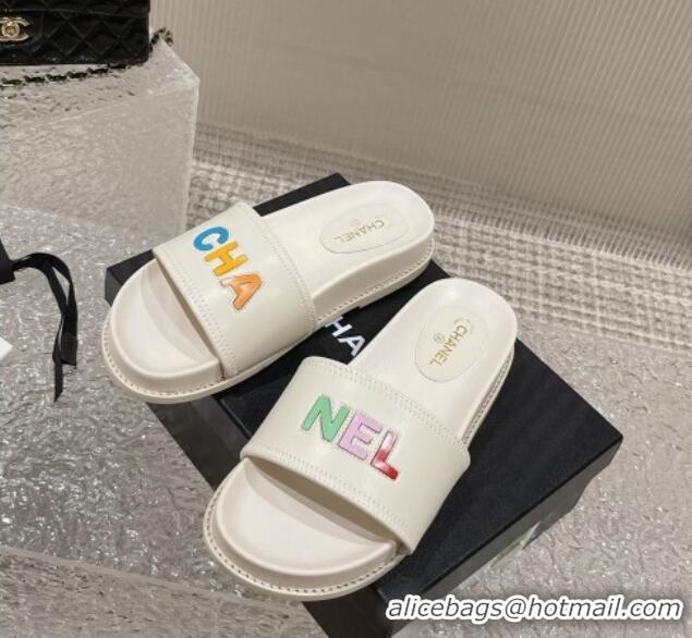 Luxury Chanel Leather Flat Slide Sandals with CHANEL Letters White 619182