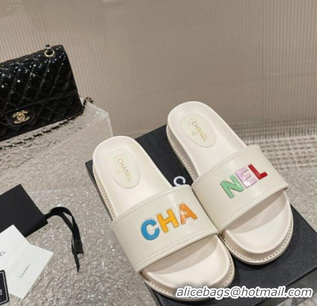 Luxury Chanel Leather Flat Slide Sandals with CHANEL Letters White 619182