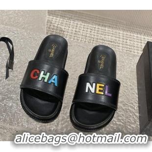 Grade Quality Chanel Leather Flat Slide Sandals with CHANEL Letters Black 619183