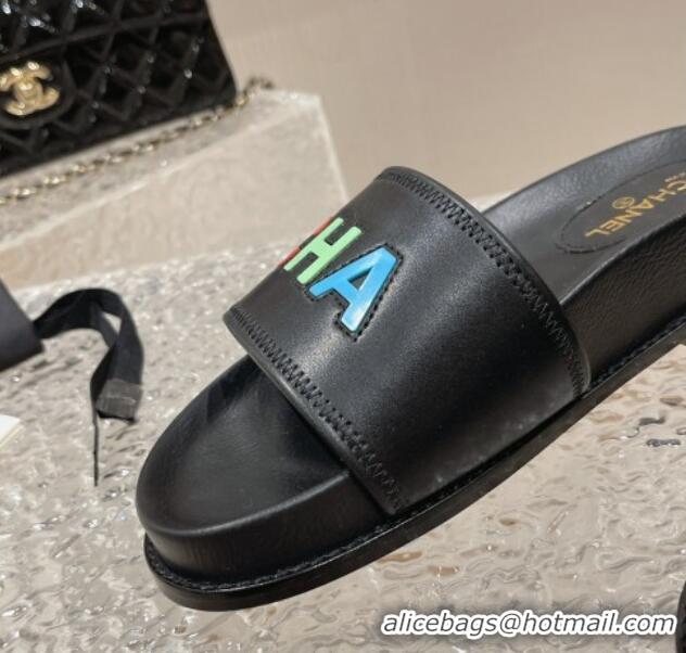 Grade Quality Chanel Leather Flat Slide Sandals with CHANEL Letters Black 619183