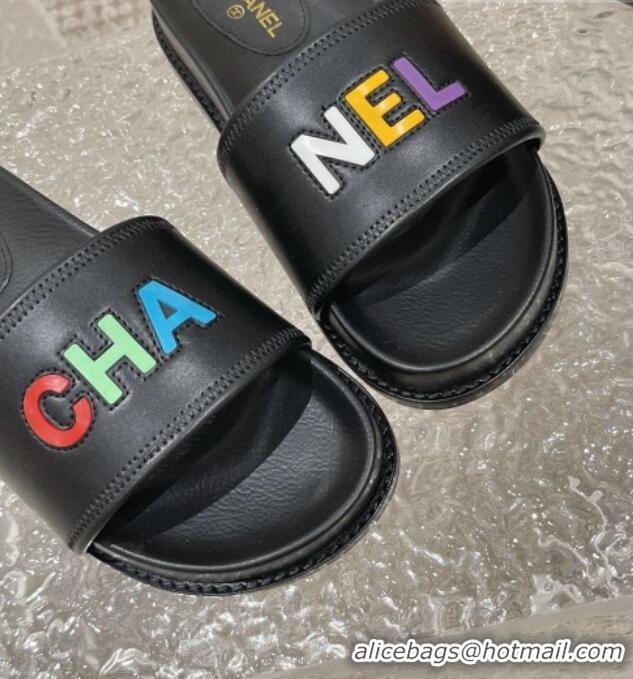 Grade Quality Chanel Leather Flat Slide Sandals with CHANEL Letters Black 619183