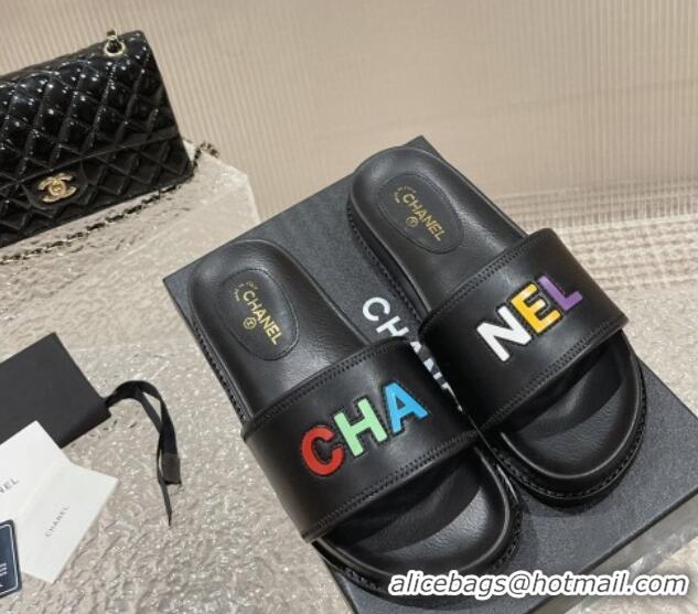 Grade Quality Chanel Leather Flat Slide Sandals with CHANEL Letters Black 619183