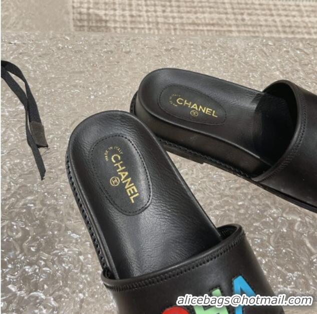 Grade Quality Chanel Leather Flat Slide Sandals with CHANEL Letters Black 619183