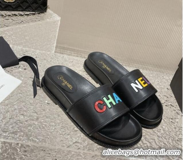 Grade Quality Chanel Leather Flat Slide Sandals with CHANEL Letters Black 619183