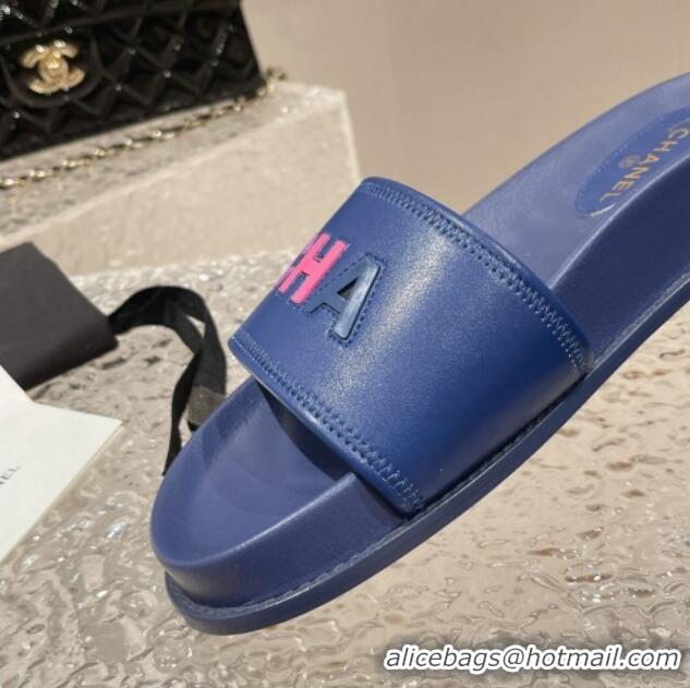 Best Grade Chanel Leather Flat Slide Sandals with CHANEL Letters Blue 619184