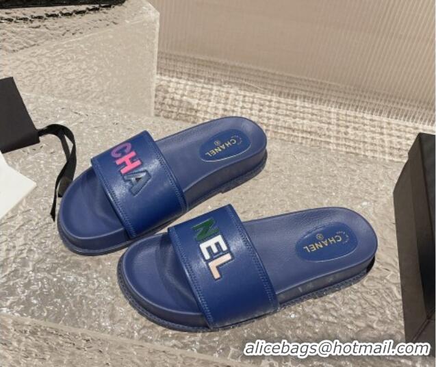 Best Grade Chanel Leather Flat Slide Sandals with CHANEL Letters Blue 619184