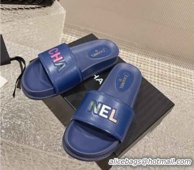 Best Grade Chanel Leather Flat Slide Sandals with CHANEL Letters Blue 619184