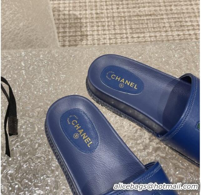 Best Grade Chanel Leather Flat Slide Sandals with CHANEL Letters Blue 619184