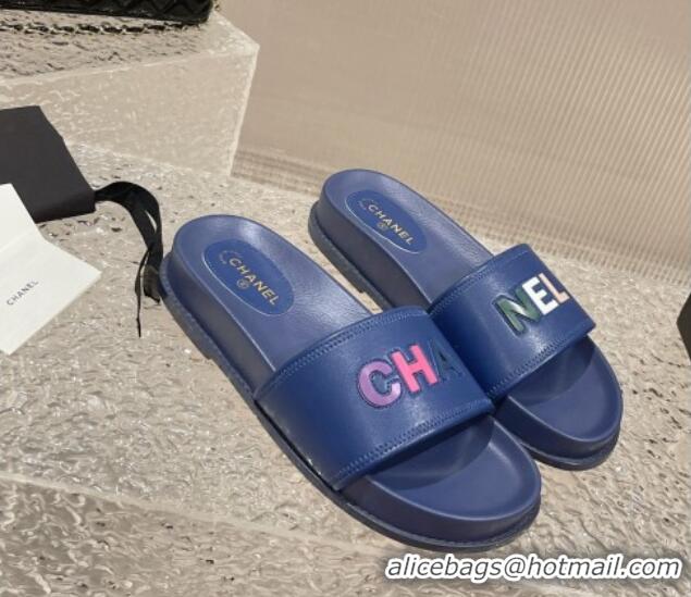 Best Grade Chanel Leather Flat Slide Sandals with CHANEL Letters Blue 619184