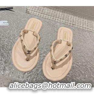 Stylish Chanel Leather Flat Thong Slide Sandals with CC Charm Nude 703057