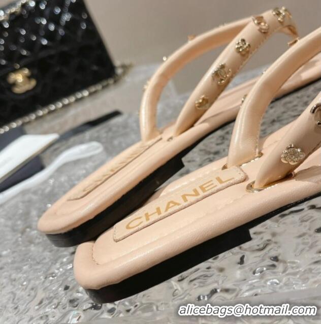 Stylish Chanel Leather Flat Thong Slide Sandals with CC Charm Nude 703057