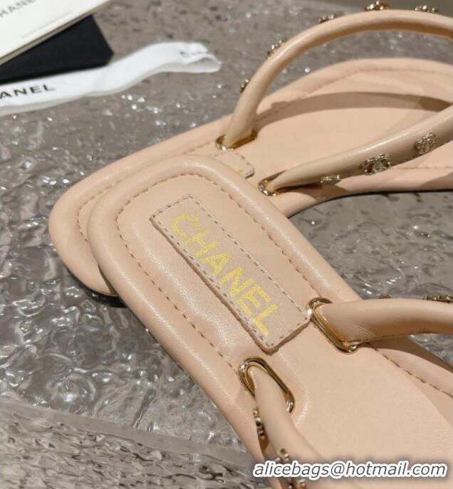 Stylish Chanel Leather Flat Thong Slide Sandals with CC Charm Nude 703057