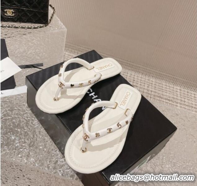 Purchase Chanel Leather Flat Thong Slide Sandals with CC Charm White 703058