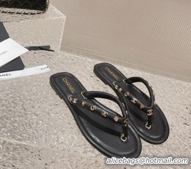 Durable Chanel Leather Flat Thong Slide Sandals with CC Charm Black 703059