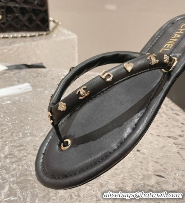 Durable Chanel Leather Flat Thong Slide Sandals with CC Charm Black 703059