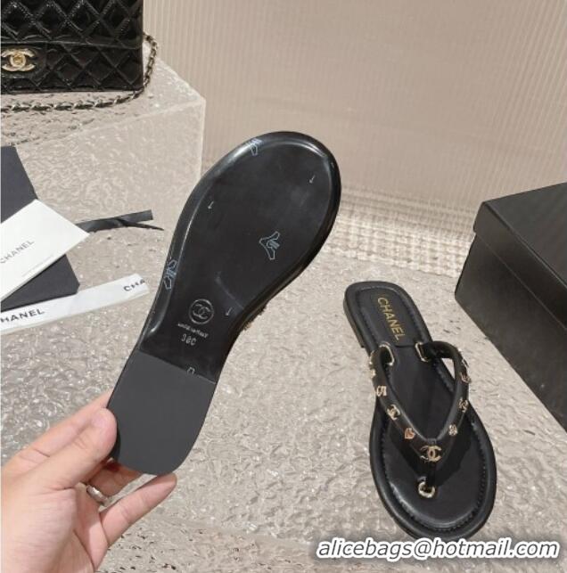 Durable Chanel Leather Flat Thong Slide Sandals with CC Charm Black 703059