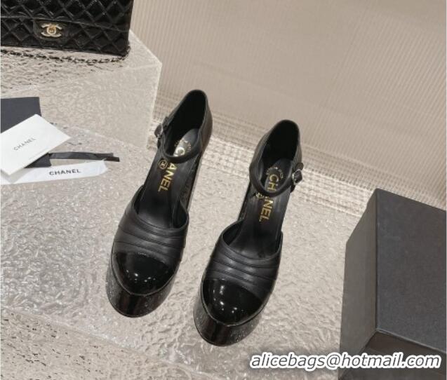 Low Cost Chanel Calfskin & Patent Leather Platform Mary Janes Pumps 12.5cm Black 703060