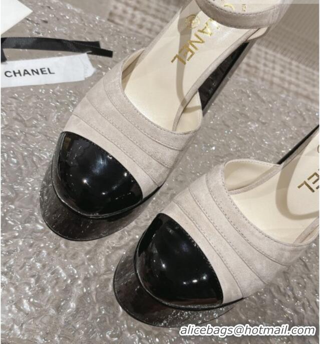 Luxury Chanel Suede & Patent Calfskin Platform Mary Janes Pumps 12.5cm Light Grey 703061