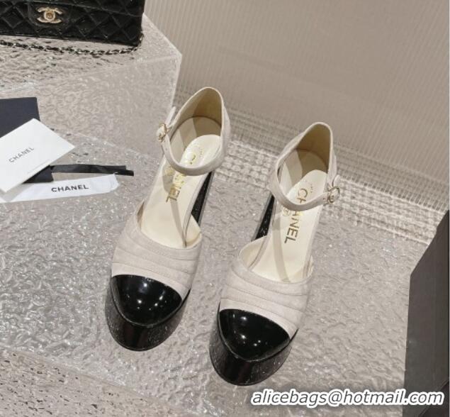 Luxury Chanel Suede & Patent Calfskin Platform Mary Janes Pumps 12.5cm Light Grey 703061