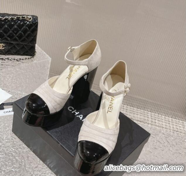 Luxury Chanel Suede & Patent Calfskin Platform Mary Janes Pumps 12.5cm Light Grey 703061