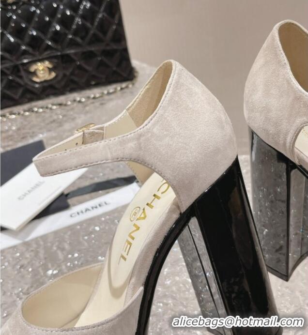 Luxury Chanel Suede & Patent Calfskin Platform Mary Janes Pumps 12.5cm Light Grey 703061