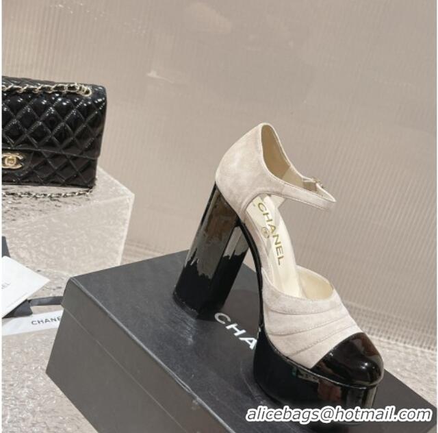 Luxury Chanel Suede & Patent Calfskin Platform Mary Janes Pumps 12.5cm Light Grey 703061