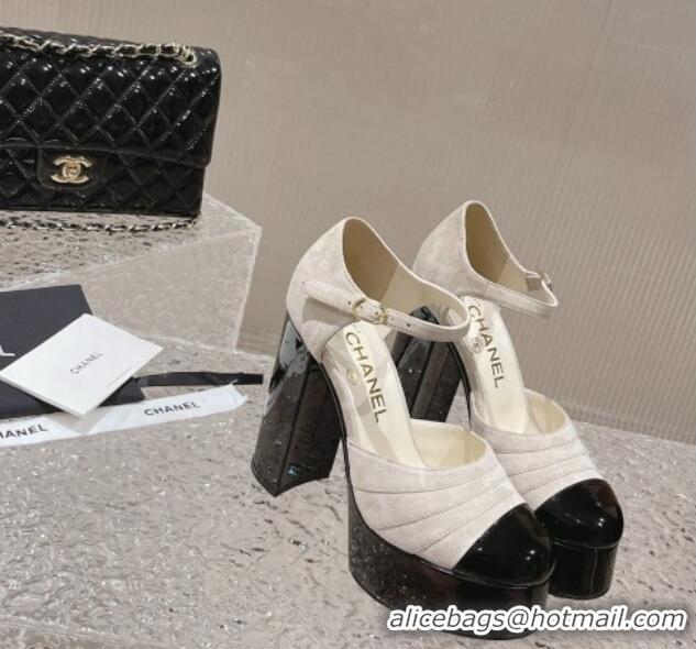 Luxury Chanel Suede & Patent Calfskin Platform Mary Janes Pumps 12.5cm Light Grey 703061