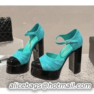 Good Looking Chanel Suede & Patent Calfskin Platform Mary Janes Pumps 12.5cm Green 703063