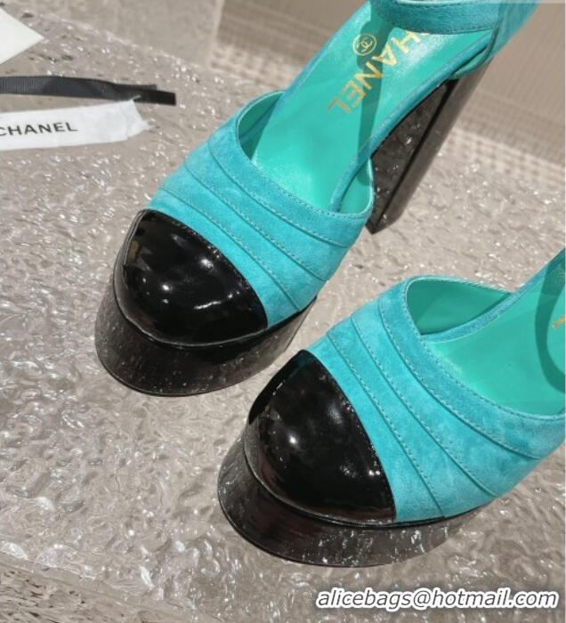 Good Looking Chanel Suede & Patent Calfskin Platform Mary Janes Pumps 12.5cm Green 703063