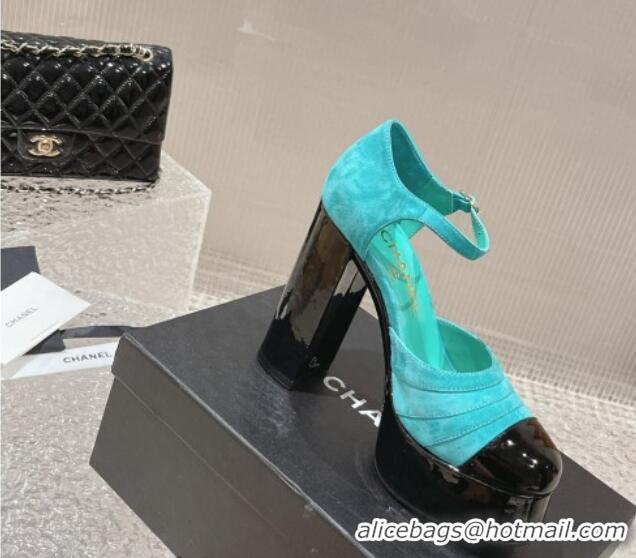 Good Looking Chanel Suede & Patent Calfskin Platform Mary Janes Pumps 12.5cm Green 703063