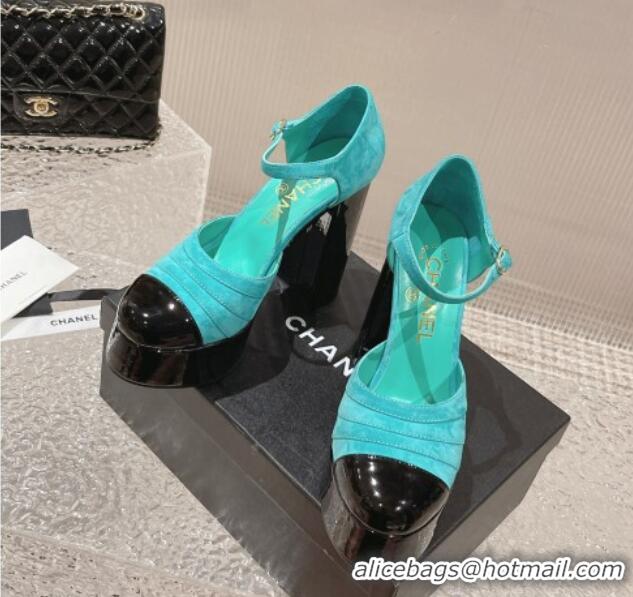 Good Looking Chanel Suede & Patent Calfskin Platform Mary Janes Pumps 12.5cm Green 703063