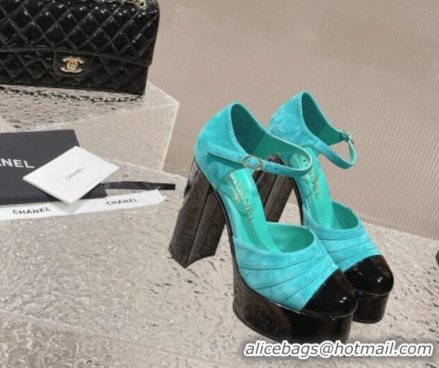 Good Looking Chanel Suede & Patent Calfskin Platform Mary Janes Pumps 12.5cm Green 703063