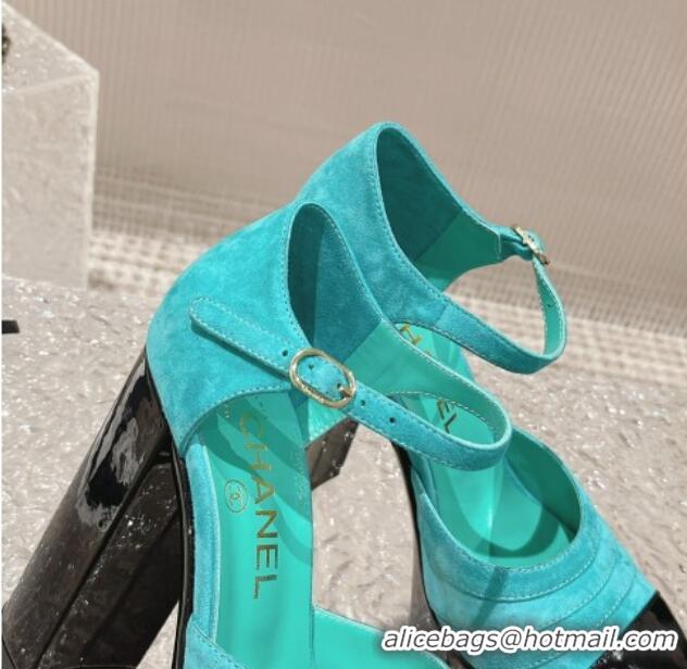 Good Looking Chanel Suede & Patent Calfskin Platform Mary Janes Pumps 12.5cm Green 703063